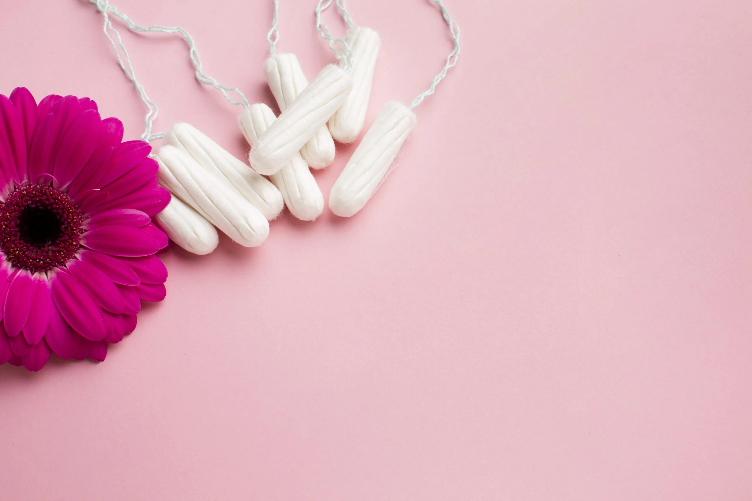 Diversos absorventes internos e uma flor ao lado deles
